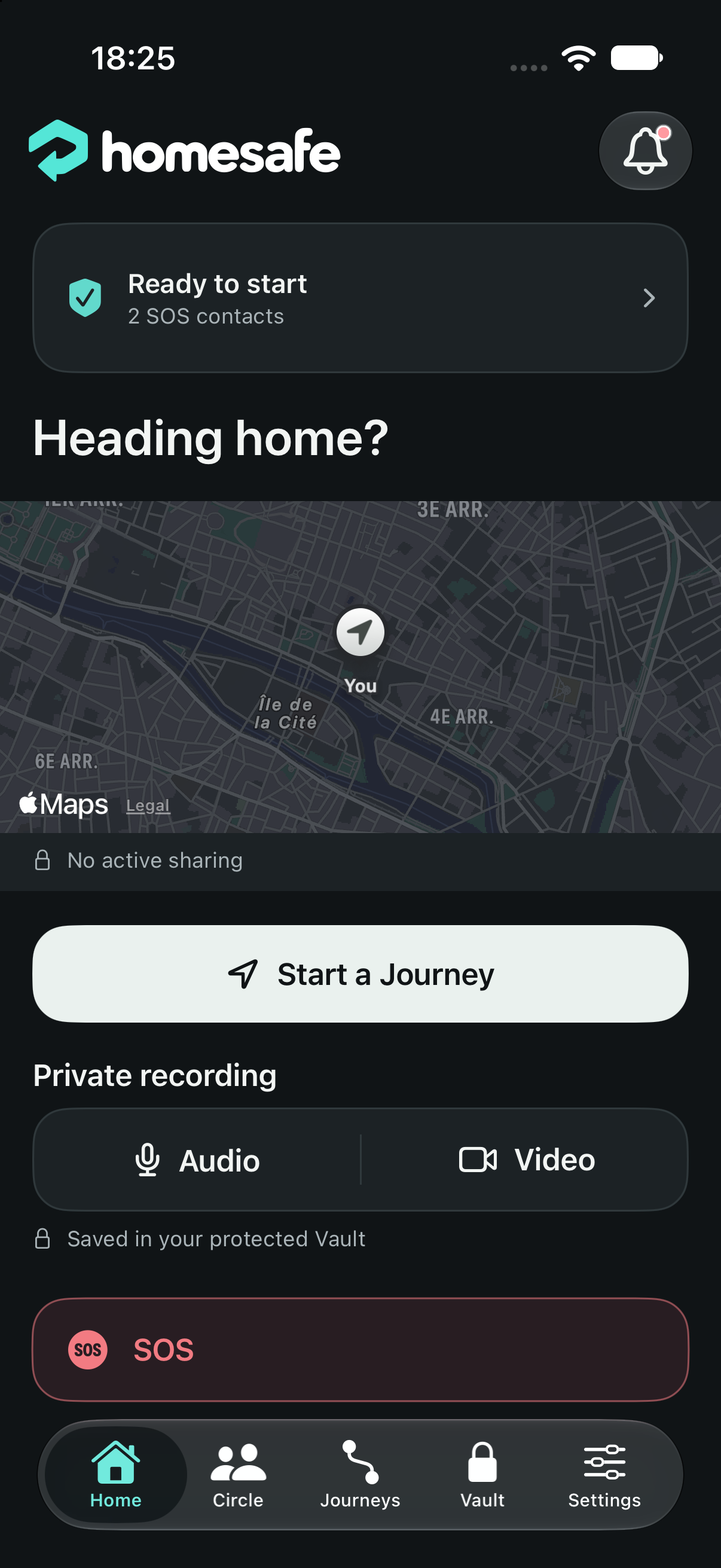 The HomeSafe app: a map, Start a Journey, private audio and video recording, and an SOS button.